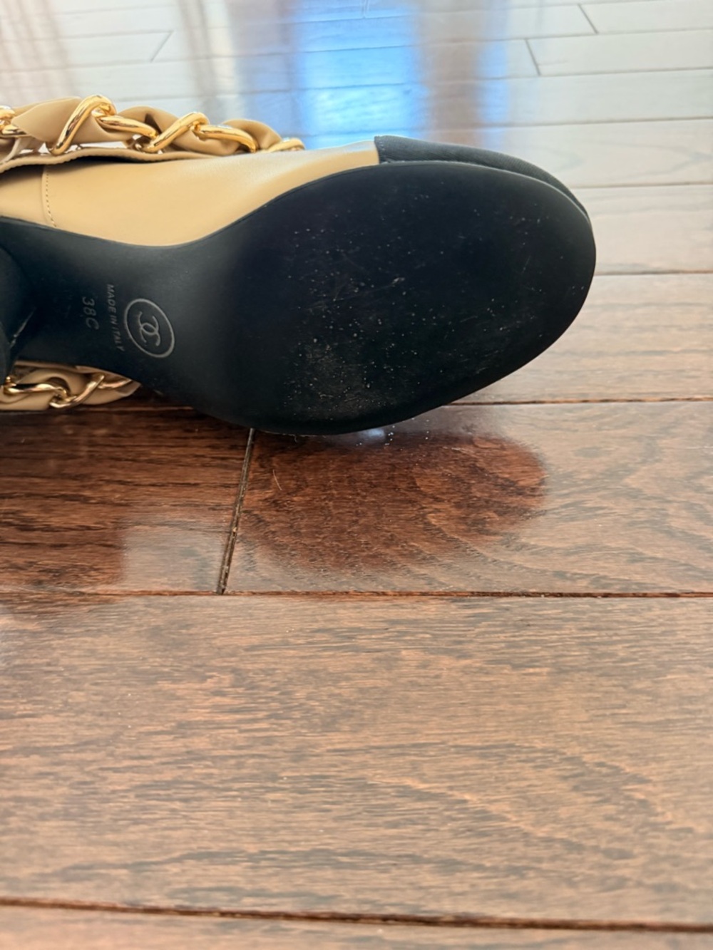 CHANEL Beige Leather Mid-Calf Boots with Black Cap Toe & Gold Chain - Picture 9 of 9